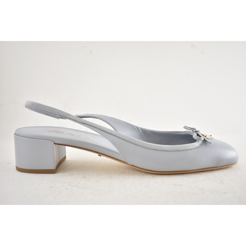 Prada Grey Blue Triangle Logo Bow Ballerina Mule Block Heel Slingback Pump 39.5 - Picture 2 of 15